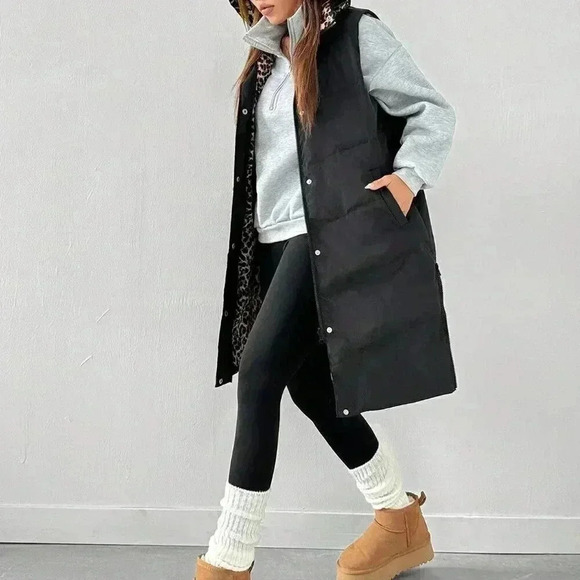 Black Casual Women's Front Button Sleeveless Hooded Padded Coat - Picture 3 of 5